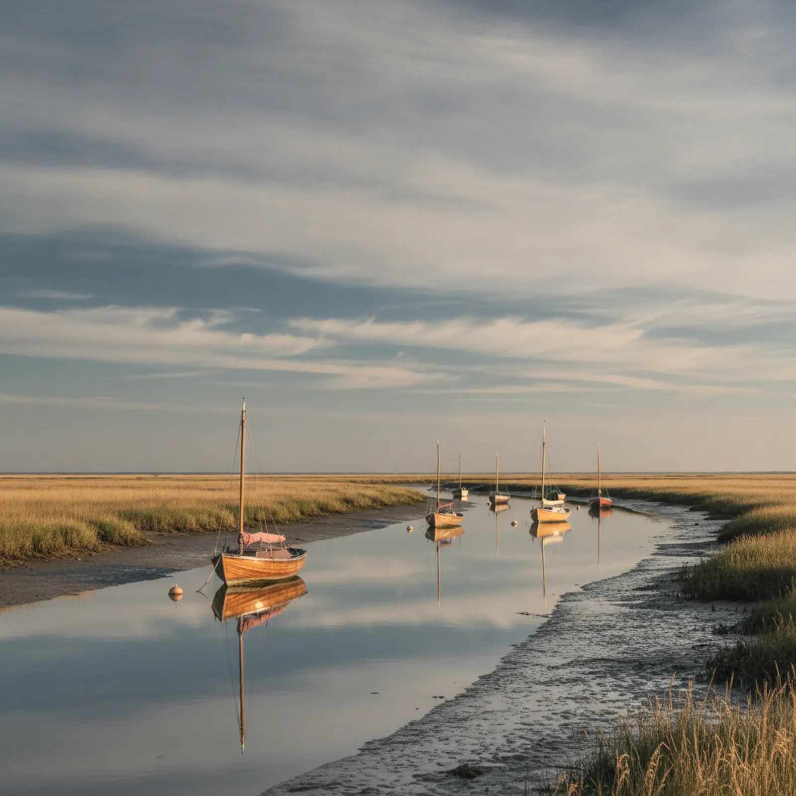Sailing boats moored on a quiet Suffolk river estuary under a wide sky