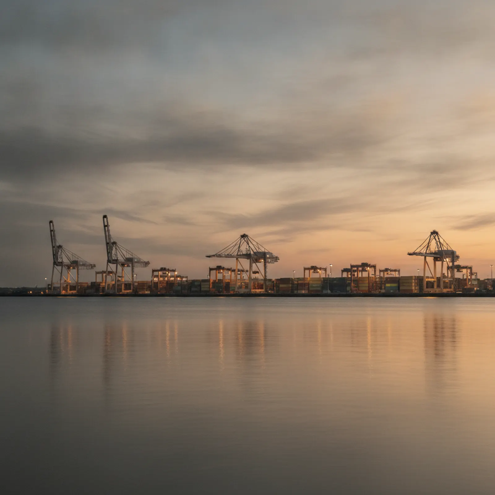 Container port cranes at dusk